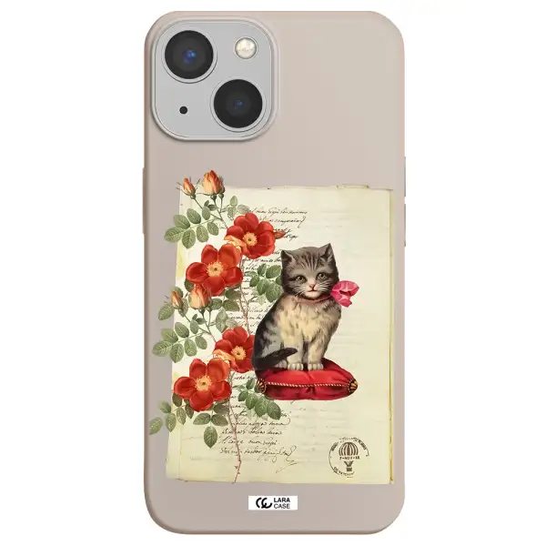 a cat on a pillow with flowers Apple iPhone 13 mini Silicone Stone Case