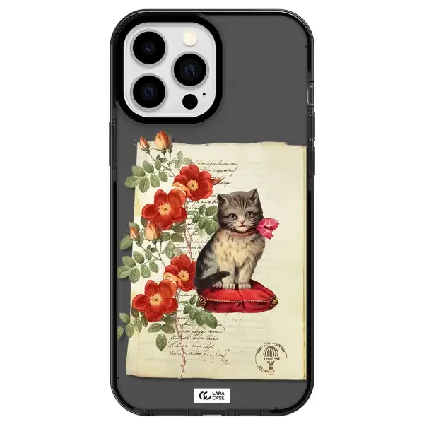 a cat on a pillow with flowers Apple iPhone 13 Pro Max impact Smoke Black Case