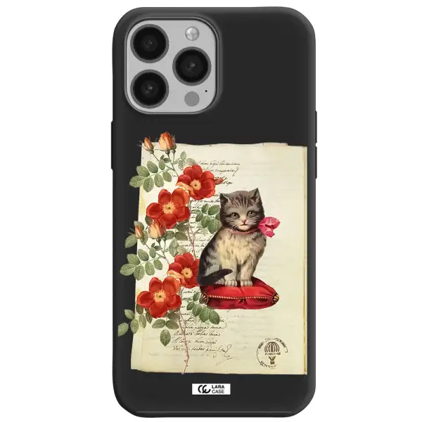 a cat on a pillow with flowers Apple iPhone 13 Pro Max Silicone black Case