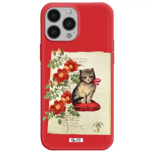 a cat on a pillow with flowers Apple iPhone 13 Pro Silicone Imperial Red Case