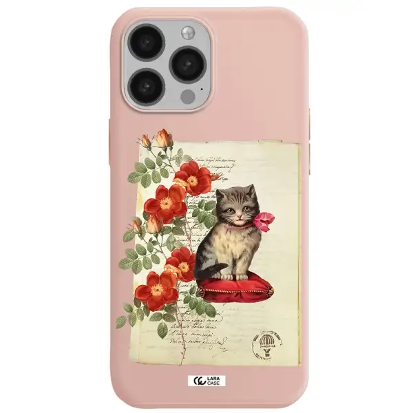 a cat on a pillow with flowers Apple iPhone 13 Pro Silicone pastel pink Case