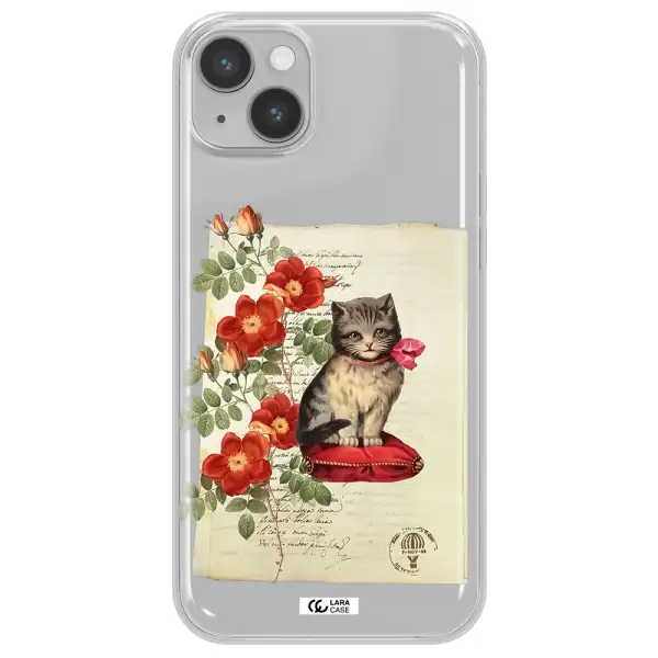 a cat on a pillow with flowers Apple iPhone 14 plus Clear TPU Case
