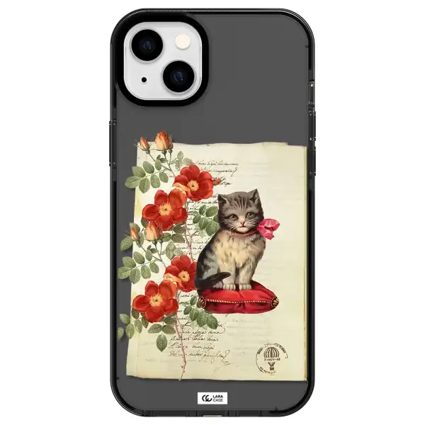 a cat on a pillow with flowers Apple iPhone 14 plus impact Smoke Black Case