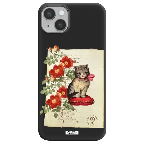 a cat on a pillow with flowers Apple iPhone 14 plus Silicone black Case