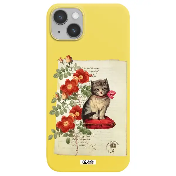 a cat on a pillow with flowers Apple iPhone 14 plus Silicone canary yellow Case