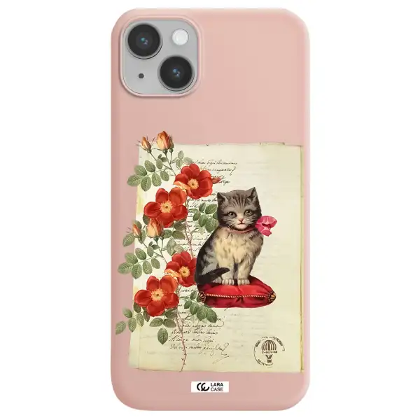 a cat on a pillow with flowers Apple iPhone 14 plus Silicone pastel pink Case