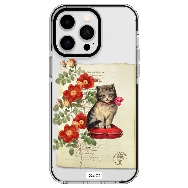 a cat on a pillow with flowers Apple iPhone 14 pro max impact black border Case
