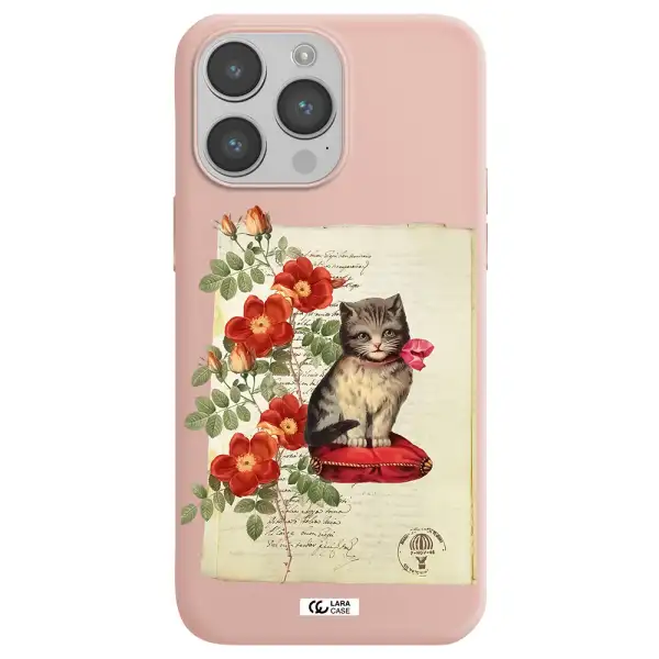 a cat on a pillow with flowers Apple iPhone 14 pro max Silicone pastel pink Case