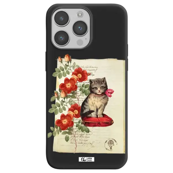 a cat on a pillow with flowers Apple iPhone 14 pro Silicone black Case
