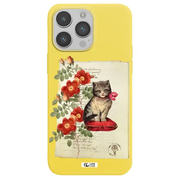 a cat on a pillow with flowers Apple iPhone 14 pro Silicone canary yellow Case