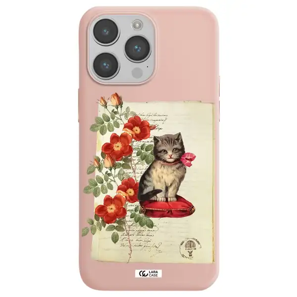 a cat on a pillow with flowers Apple iPhone 14 pro Silicone pastel pink Case