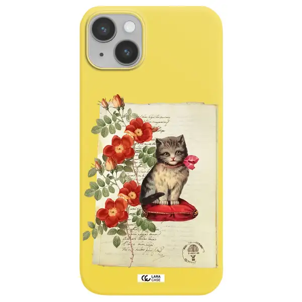 a cat on a pillow with flowers Apple iPhone 14 Silicone canary yellow Case