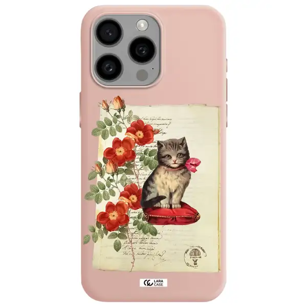 a cat on a pillow with flowers Apple Iphone 15 Pro max Silicone pastel pink Case