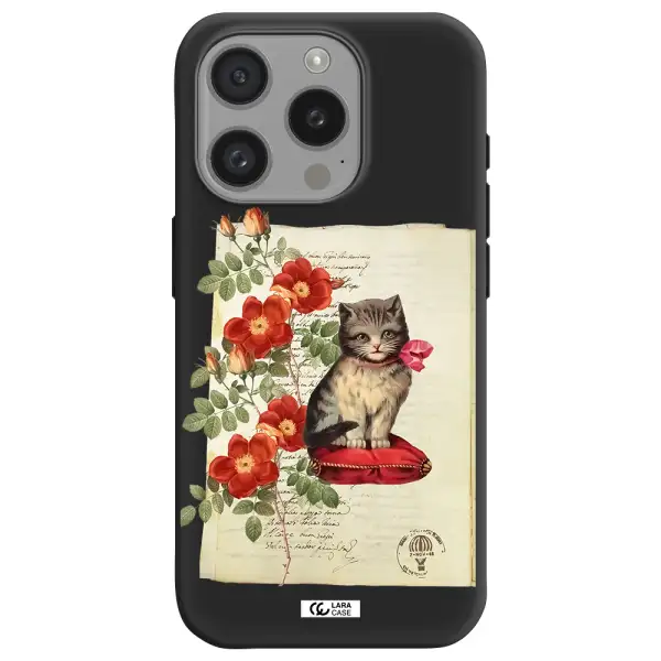 A Cat On A Pillow With Flowers Apple Iphone 15 Pro Silicone Black Case