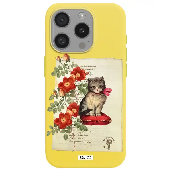 A Cat On A Pillow With Flowers Apple Iphone 15 Pro Silicone Canary Yellow Case