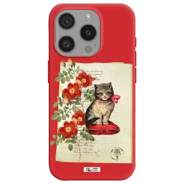 A Cat On A Pillow With Flowers Apple Iphone 15 Pro Silicone Imperial Red Case
