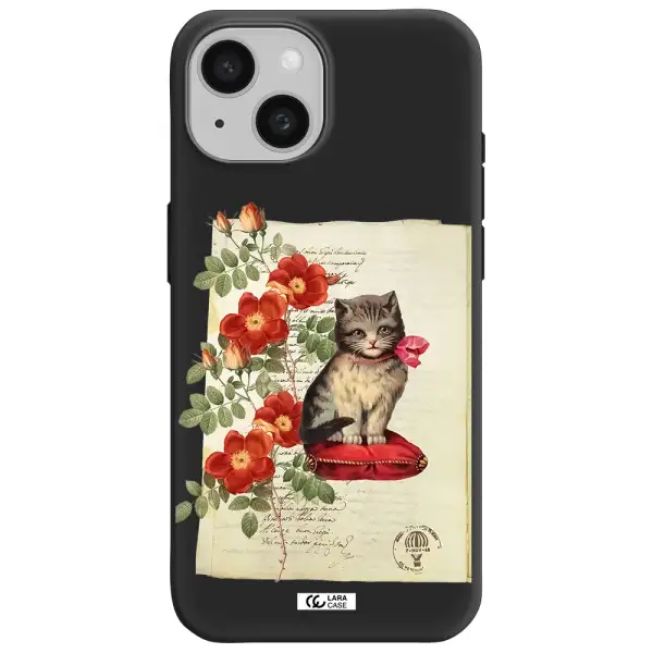 a cat on a pillow with flowers Apple iPhone 15 Silicone black Case