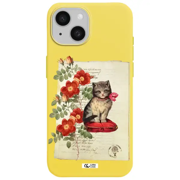 a cat on a pillow with flowers Apple iPhone 15 Silicone canary yellow Case