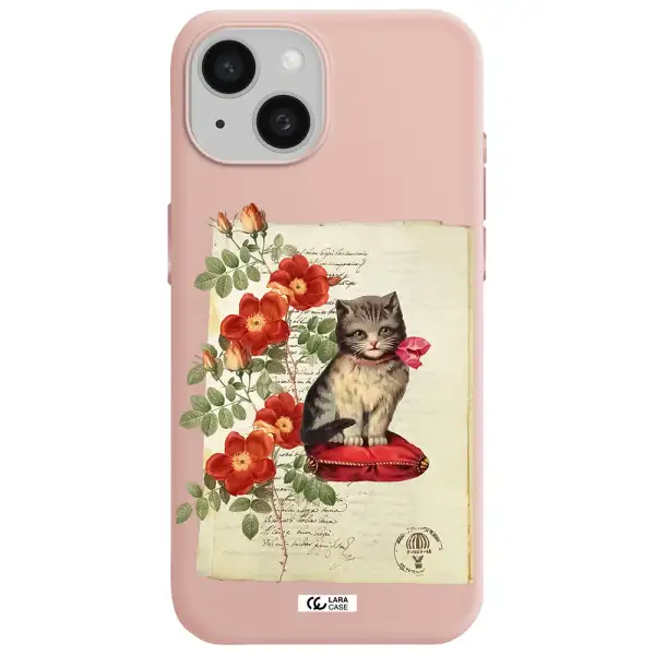 A Cat On A Pillow With Flowers Apple Iphone 15 Silicone Pastel Pink Case