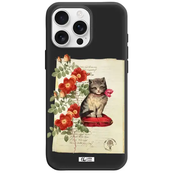 A Cat On A Pillow With Flowers Apple Iphone 16 Pro Max Silicone Black Case