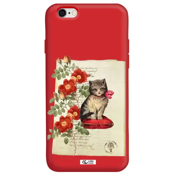 a cat on a pillow with flowers Apple iPhone 6 Silicone Imperial Red Case