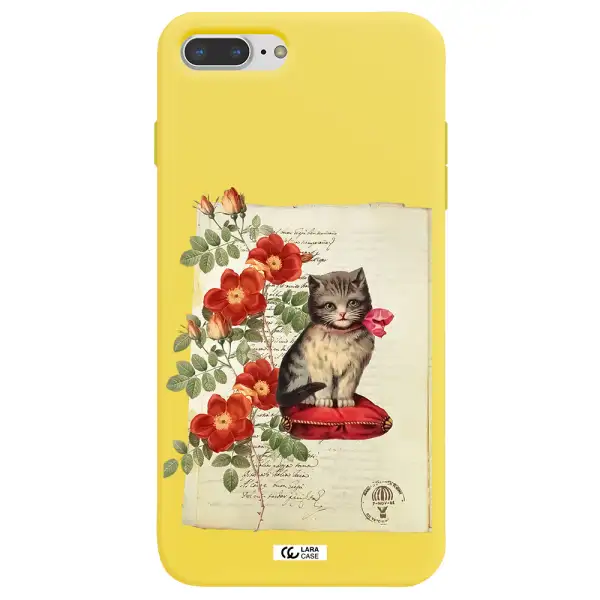 a cat on a pillow with flowers Apple iPhone 7 plus Silicone canary yellow Case