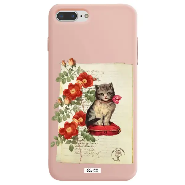 a cat on a pillow with flowers Apple iPhone 8 plus Silicone pastel pink Case