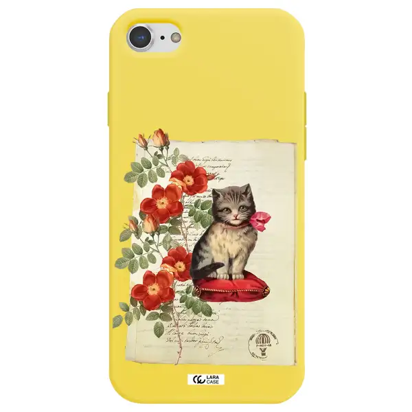 a cat on a pillow with flowers Apple iPhone 8 Silicone canary yellow Case