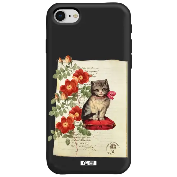 a cat on a pillow with flowers Apple iPhone se 2020 Silicone black Case