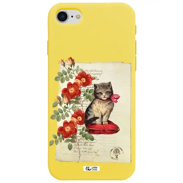 a cat on a pillow with flowers Apple iPhone se 2020 Silicone canary yellow Case