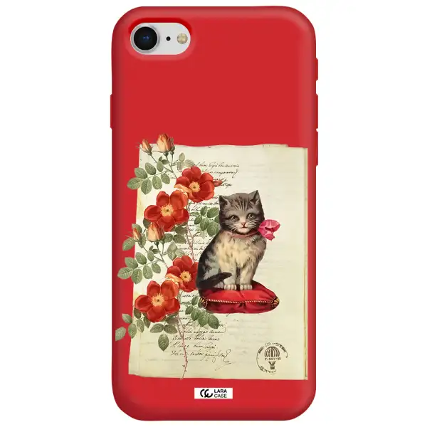 a cat on a pillow with flowers Apple iPhone se 2020 Silicone Imperial Red Case