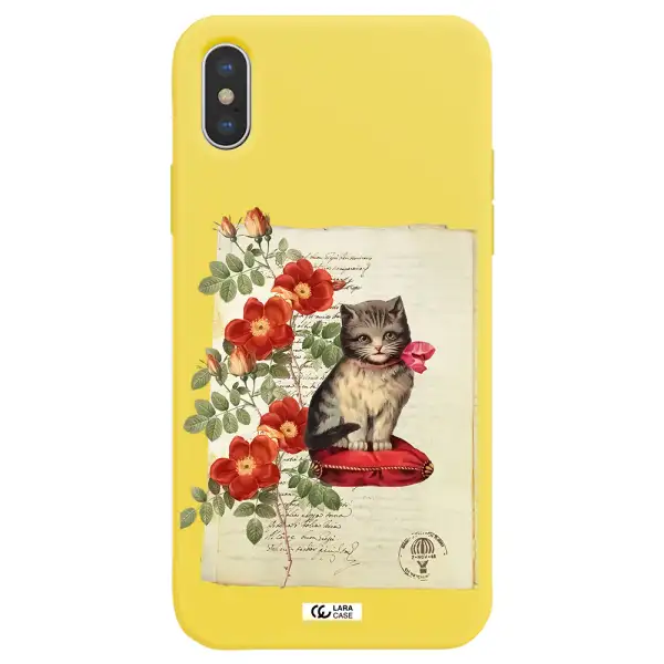 a cat on a pillow with flowers Apple iPhone X Silicone canary yellow Case