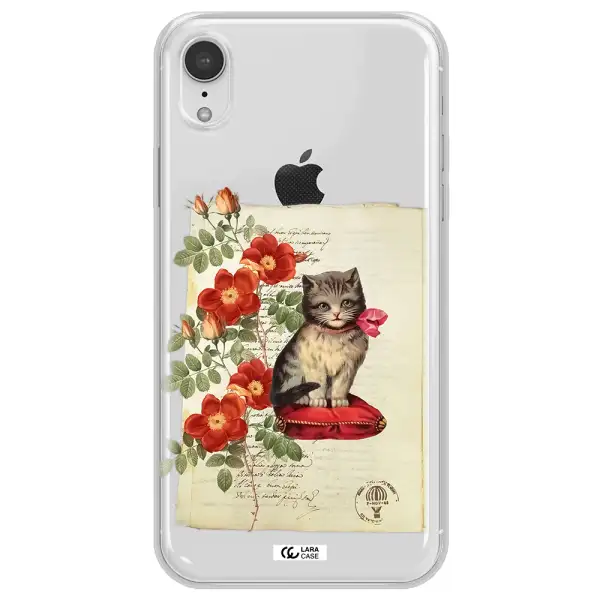 a cat on a pillow with flowers Apple iPhone XR Clear TPU Case