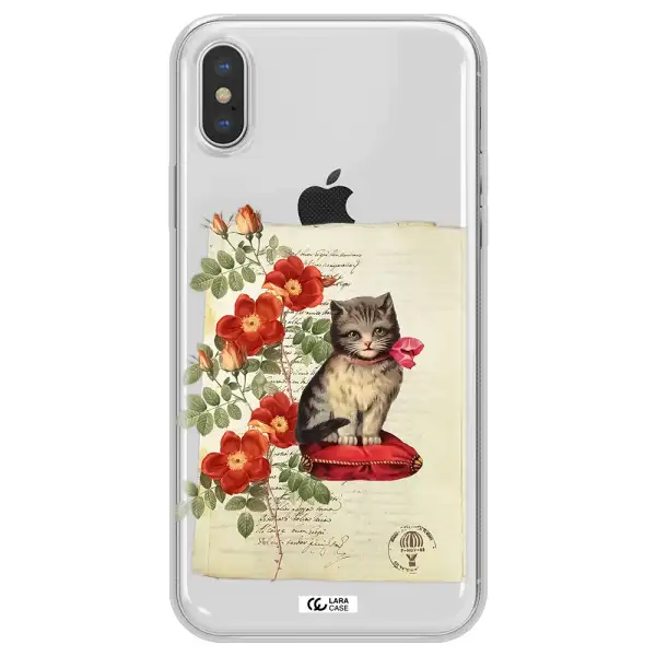 a cat on a pillow with flowers Apple iPhone XS Clear TPU Case