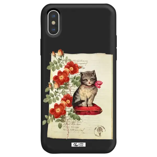 a cat on a pillow with flowers Apple iPhone XS Silicone black Case