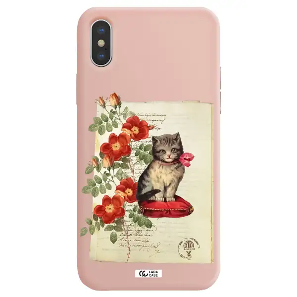 a cat on a pillow with flowers Apple iPhone XS Silicone pastel pink Case