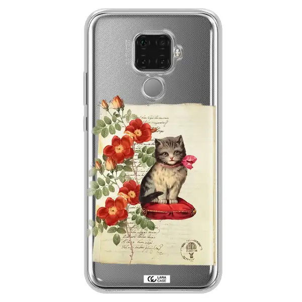 a cat on a pillow with flowers Huawei Mate 30 Lite Clear TPU Case