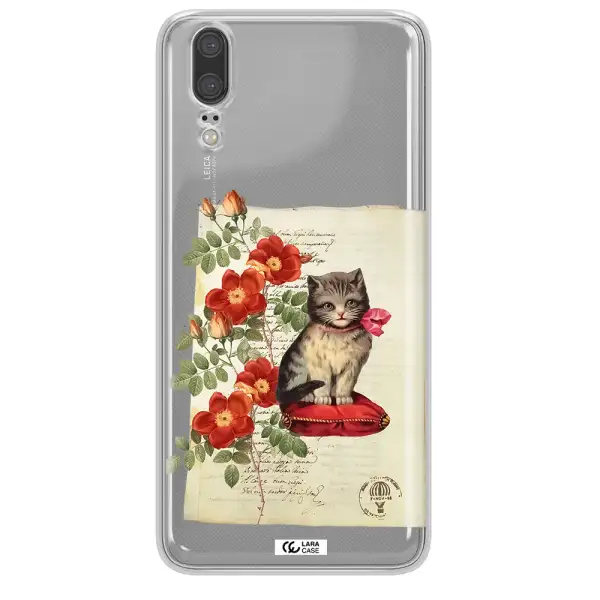 a cat on a pillow with flowers Huawei P20 Clear TPU Case