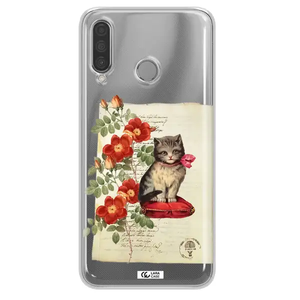 a cat on a pillow with flowers Huawei P30 Lite Clear TPU Case