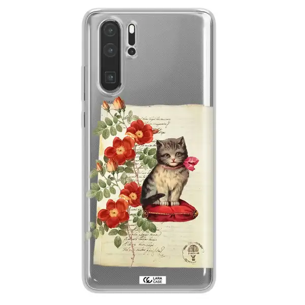 a cat on a pillow with flowers Huawei P30 Pro Clear TPU Case