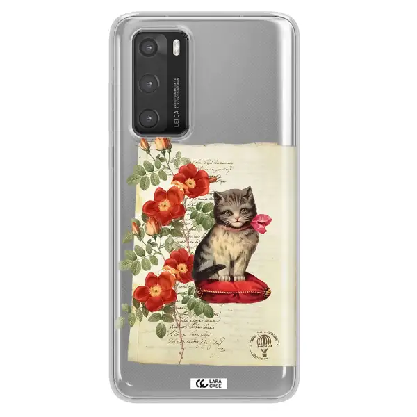 a cat on a pillow with flowers Huawei P40 Clear TPU Case