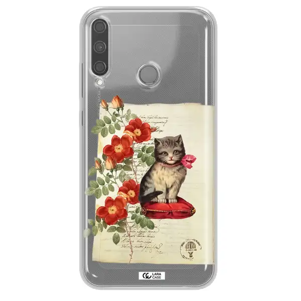 a cat on a pillow with flowers Huawei P40 Lite E Clear TPU Case