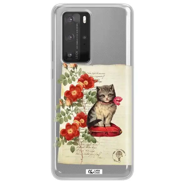 a cat on a pillow with flowers Huawei P40 Pro Clear TPU Case