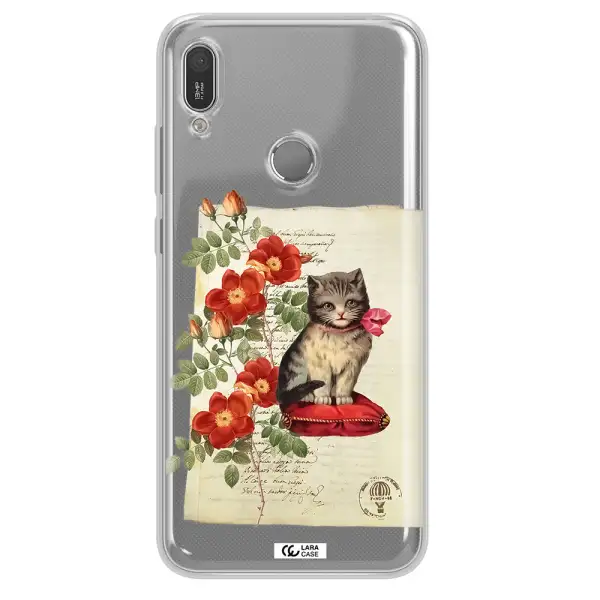 a cat on a pillow with flowers Huawei Y6 2019 Clear TPU Case