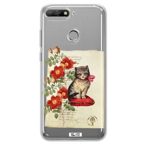 a cat on a pillow with flowers Huawei Y6 Prime 2018 Clear TPU Case
