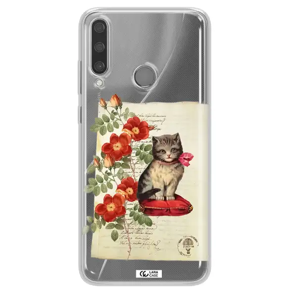 a cat on a pillow with flowers Huawei Y6P Clear TPU Case