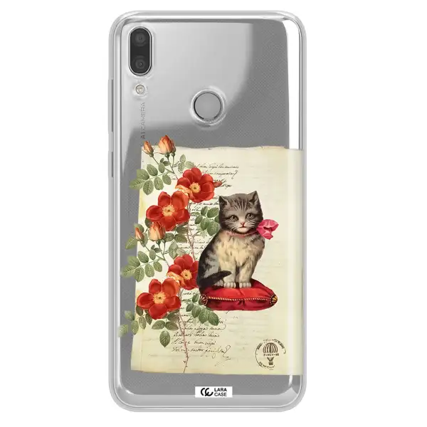 a cat on a pillow with flowers Huawei Y7 2019 Clear TPU Case