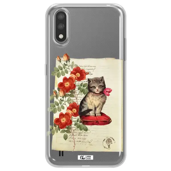 a cat on a pillow with flowers Samsung A01 Clear TPU Case