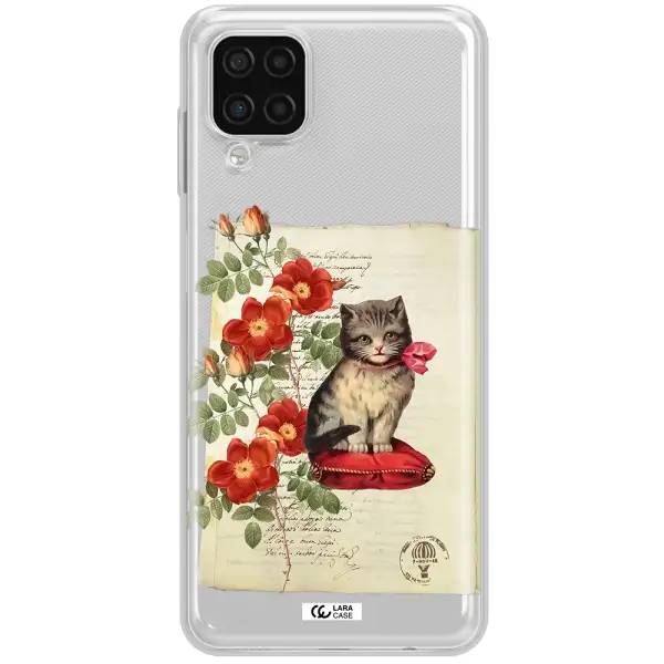 a cat on a pillow with flowers Samsung A12 4g Clear TPU Case