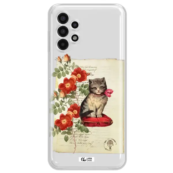 a cat on a pillow with flowers Samsung A13 4g Clear TPU Case